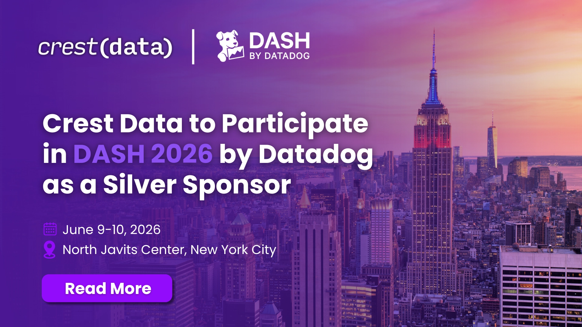 Crest Data announces participation as a Silver Sponsor at DASH 2026 by Datadog in New York City, showcasing AI-driven observability, security operations, Datadog integrations, and enterprise monitoring solutions.
