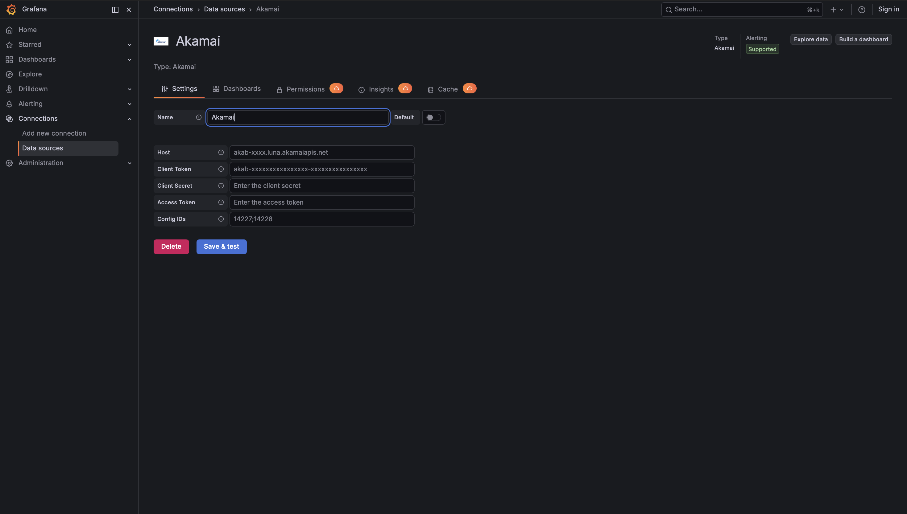 Akamai plugin data source configuration in Grafana