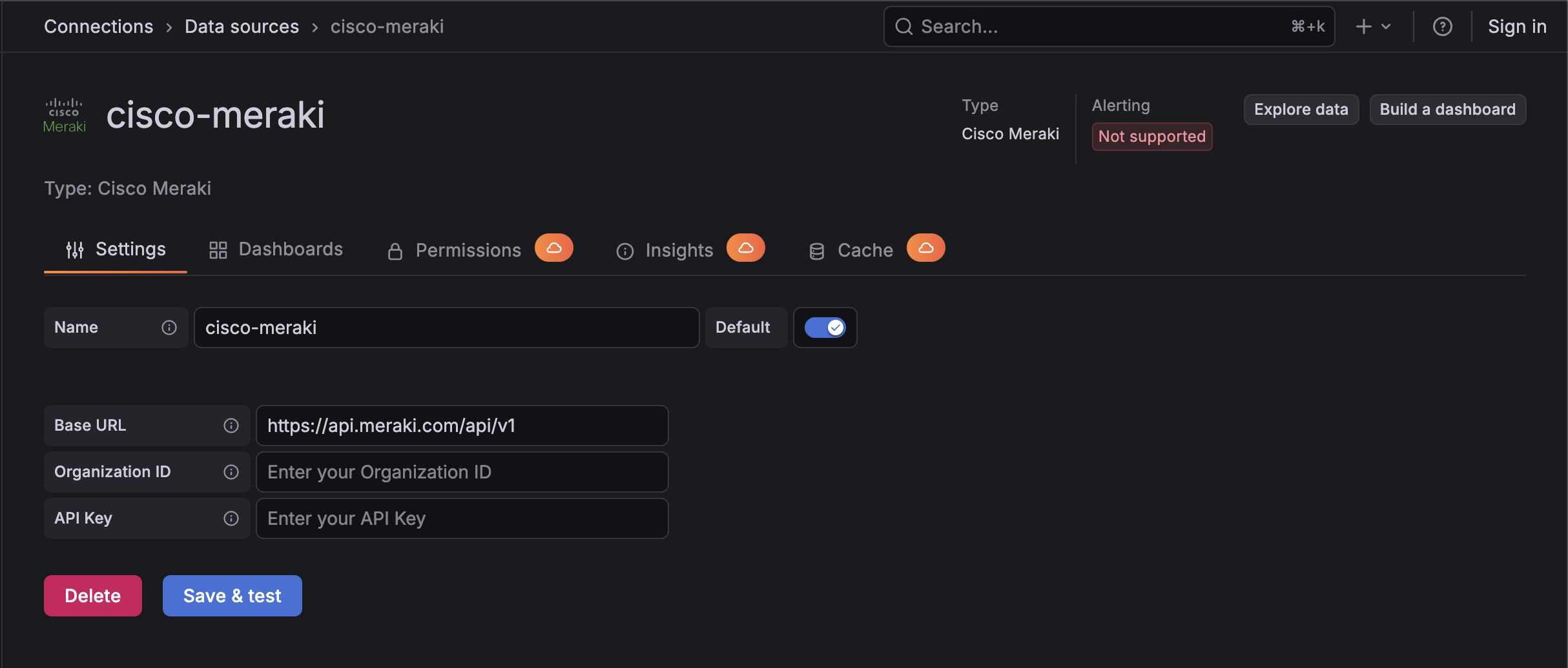 Cisco Meraki plugin data source configuration in Grafana