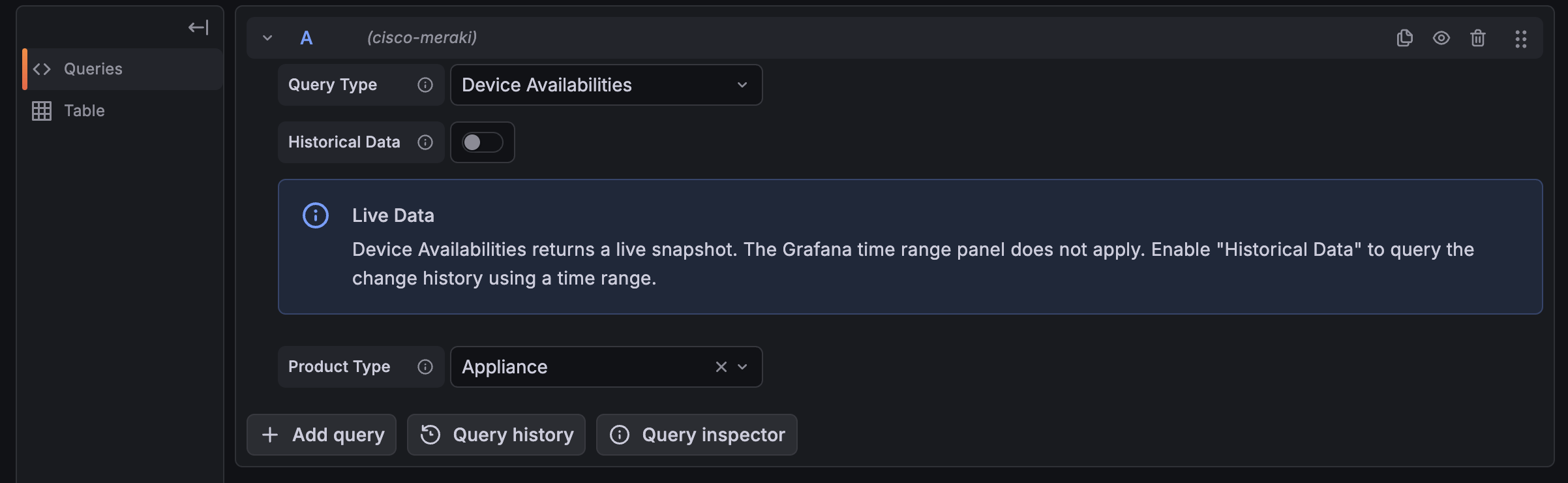 Cisco Meraki plugin query editor in Grafana