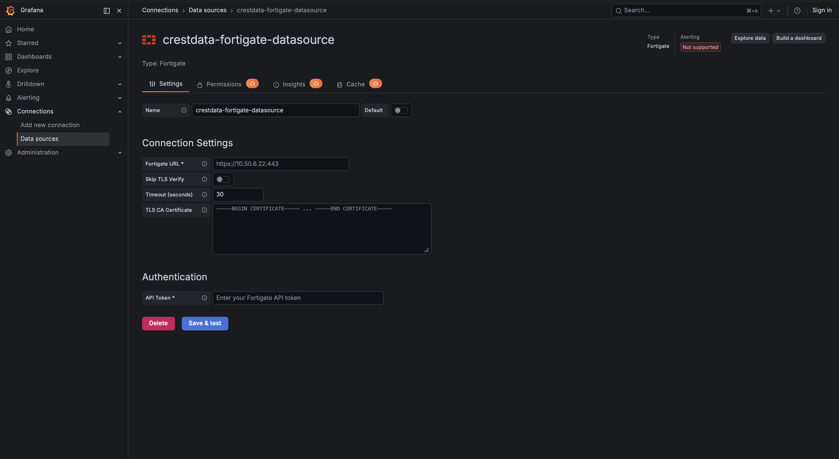 FortiGate plugin data source configuration in Grafana