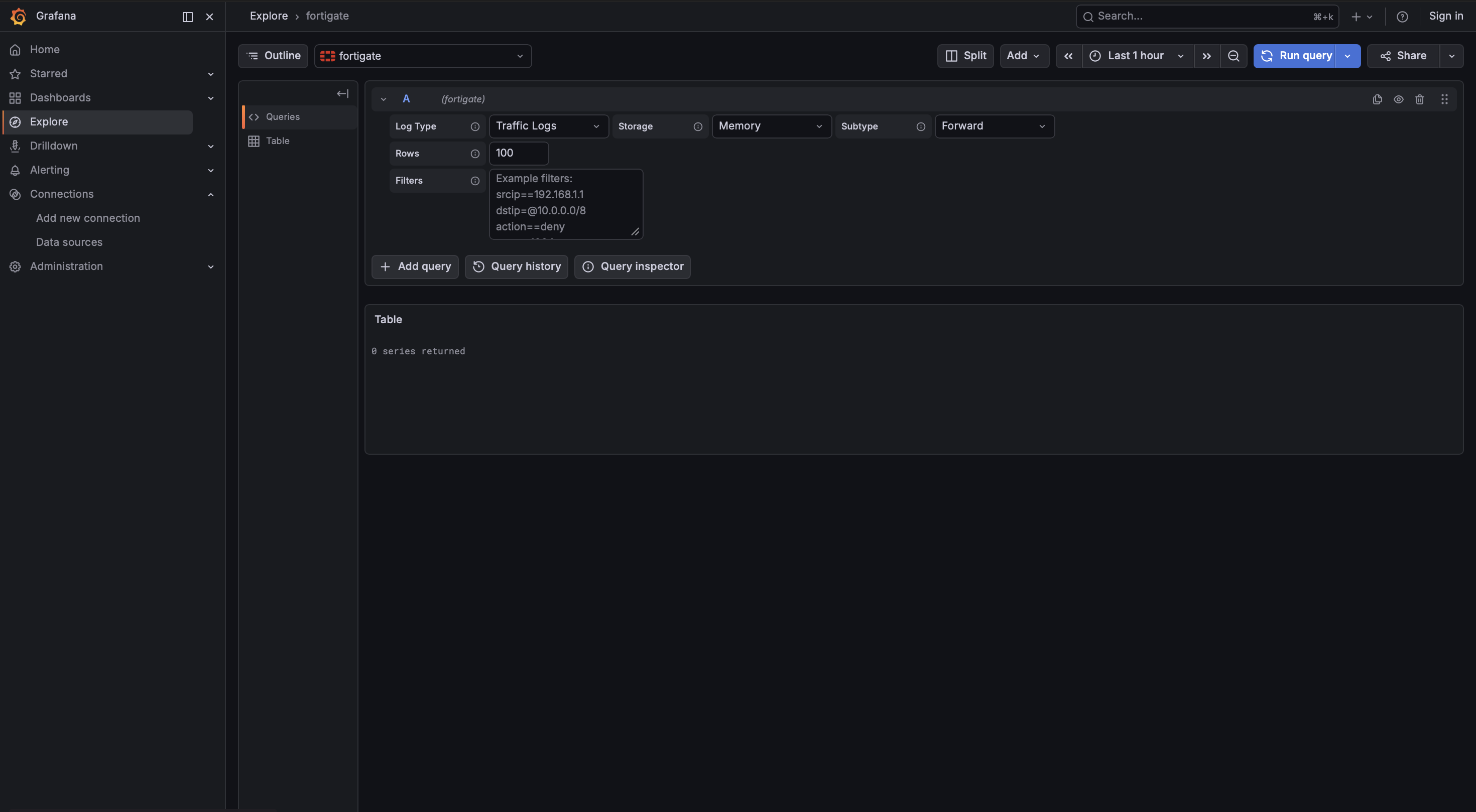 FortiGate plugin query editor in Grafana