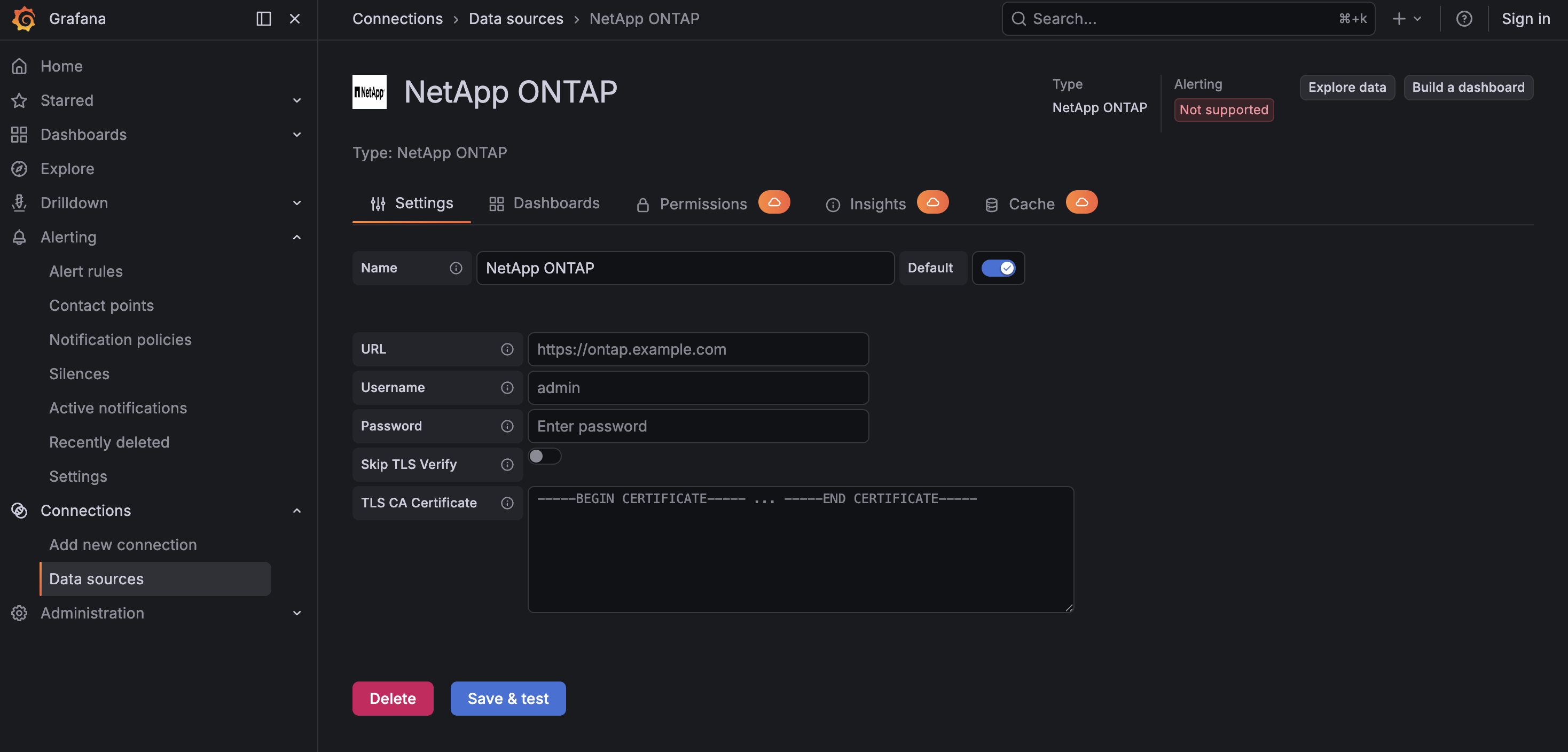 NetApp ONTAP data source configuration in Grafana