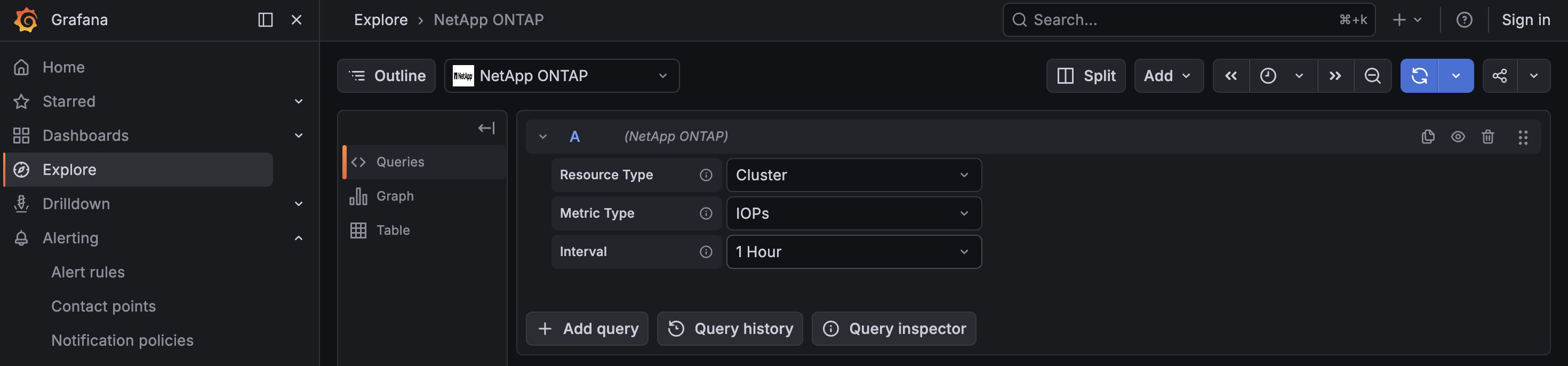 NetApp ONTAP query editor in Grafana