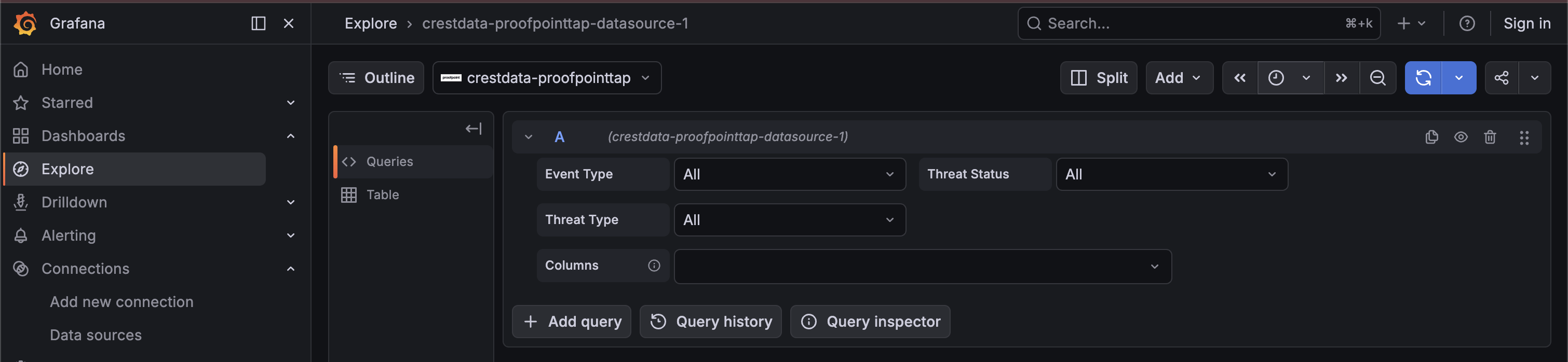 Proofpoint TAP query editor in Grafana