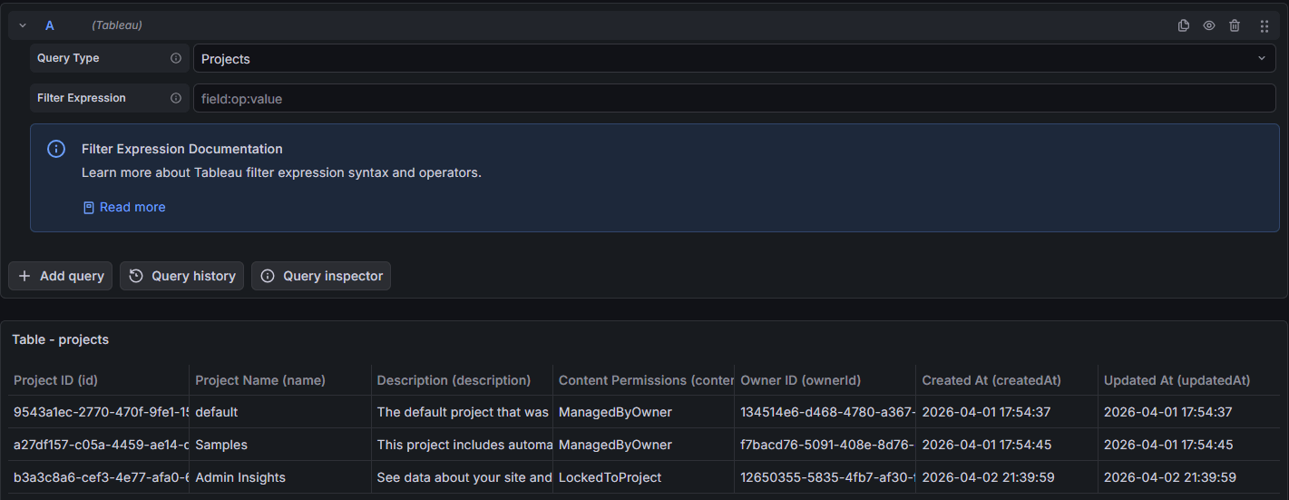 Tableau query editor in Grafana