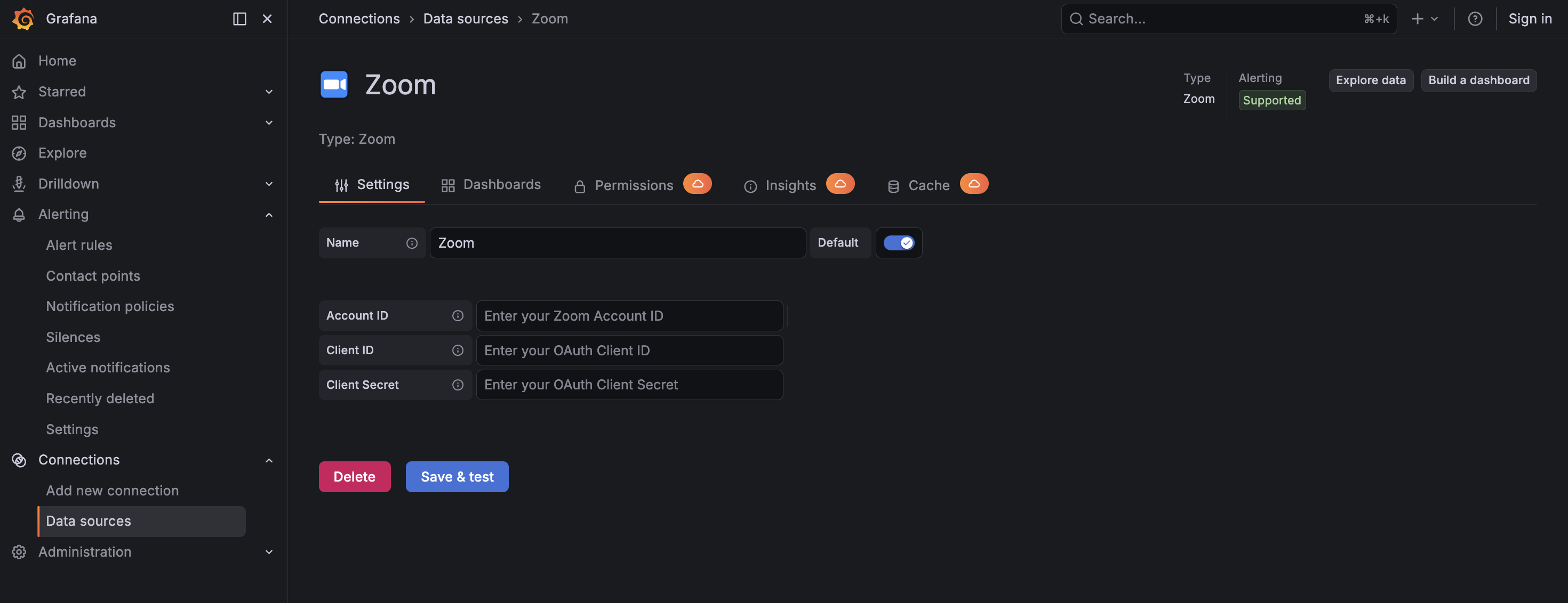 Zoom plugin data source configuration in Grafana