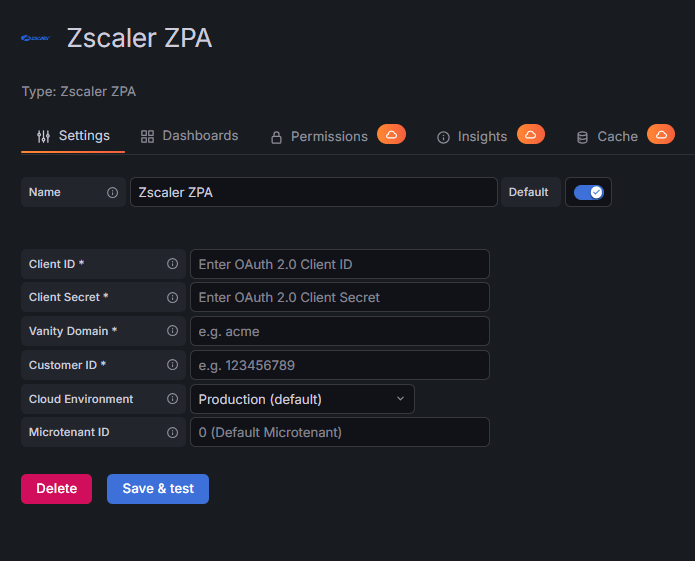 Zscaler ZPA data source configuration in Grafana