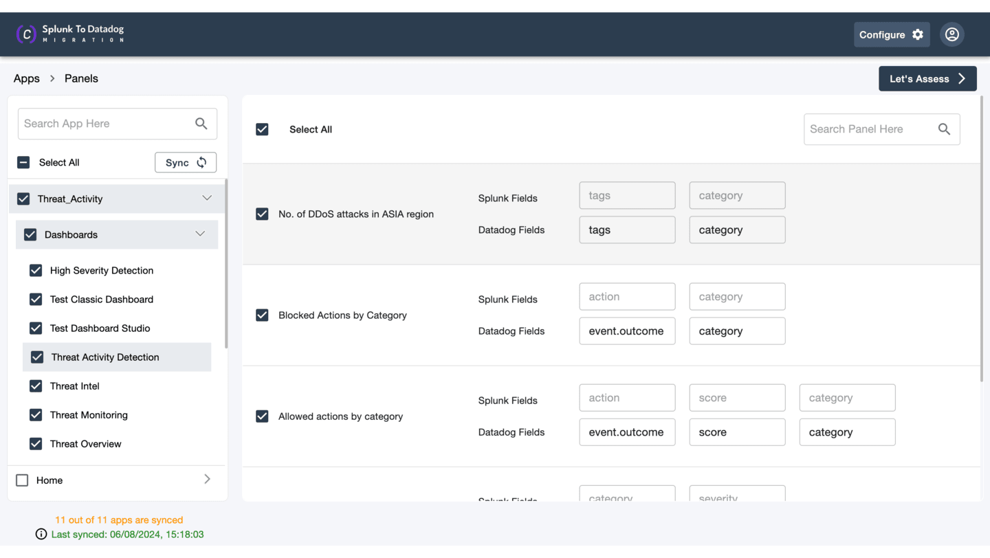 Splunk to Datadog app list view