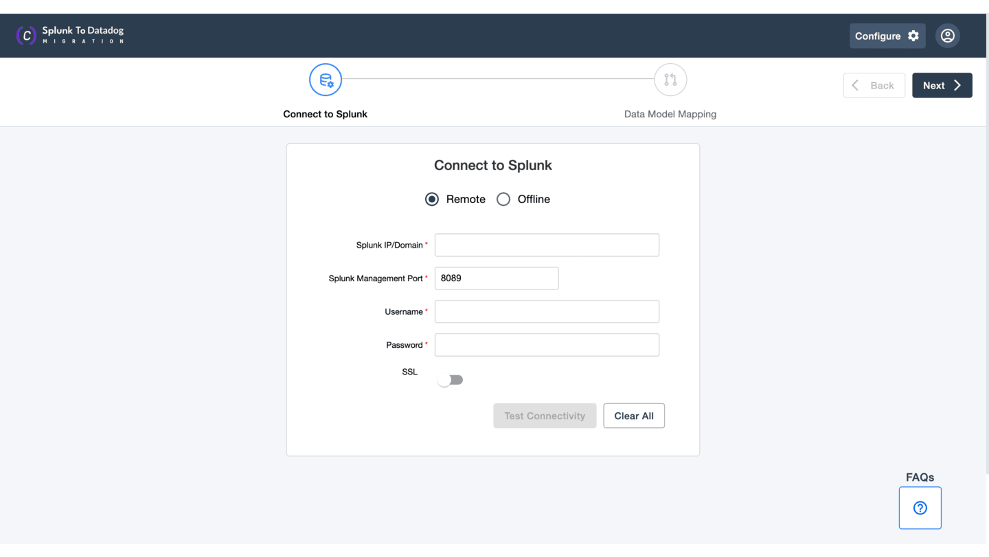 Splunk to Datadog migration configuration screen