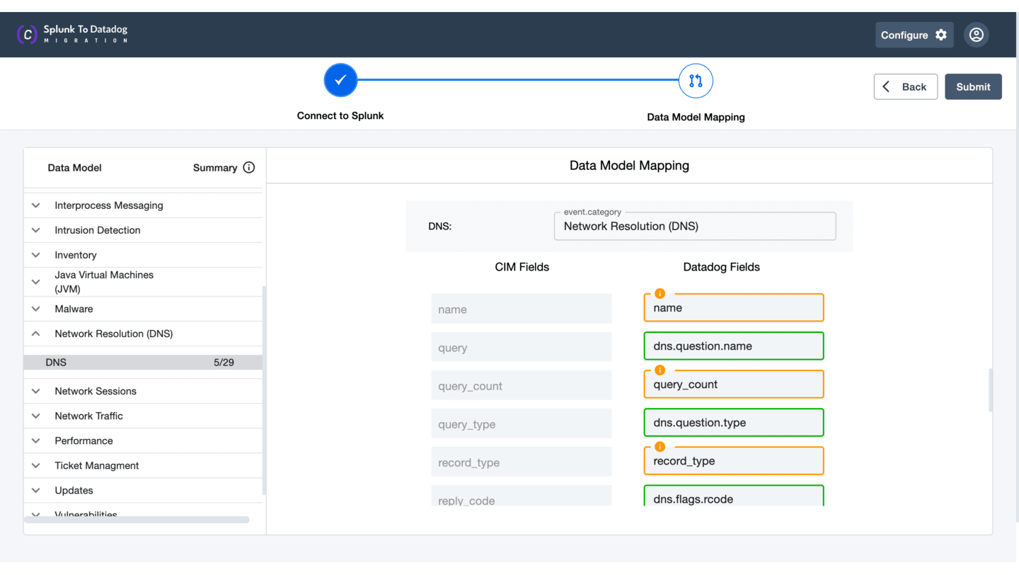 Splunk to Datadog data model mapping screen